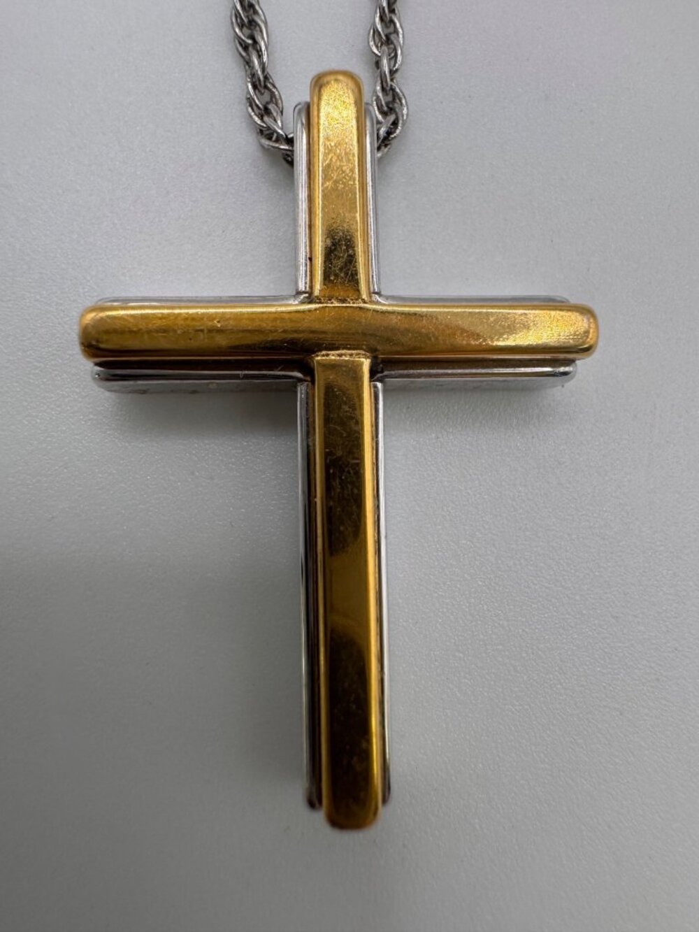 Vintage Trifari Cross Necklace Gold Silver Tone 15in Chain Classic Pendant - Picture 3 of 11